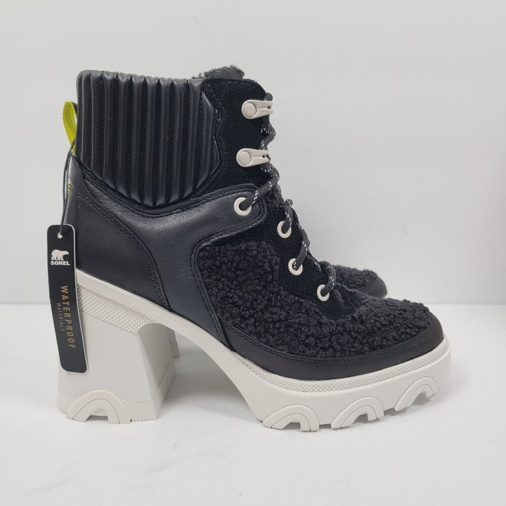 Sorel Brex Leather & Faux Shearling Women's Black Block Heel Lace-Up US Size 7.5
